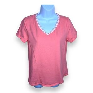 SMALL CAROLE HOCHMAN PEACH ORANGE TEE VNECK RUFFLE TRIM CASUAL